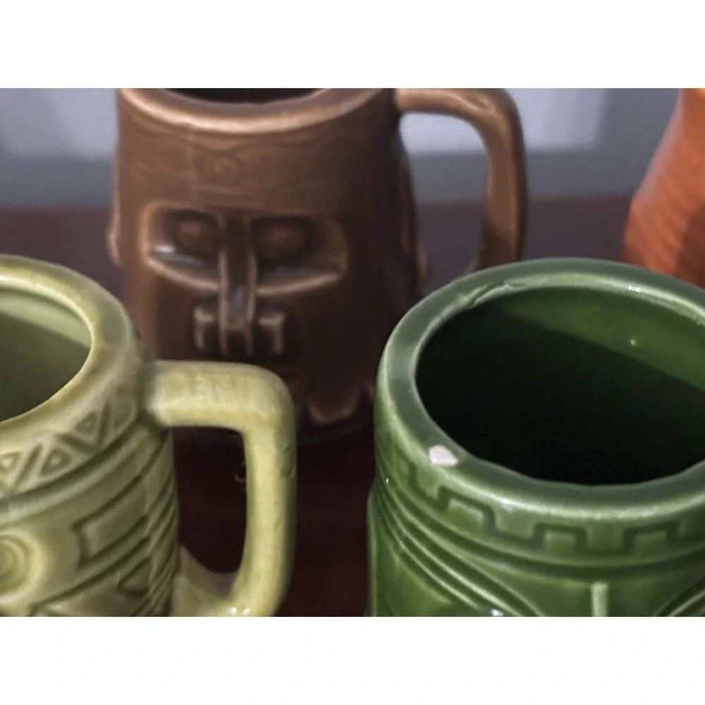Vintage 4Pc Miniature Tiki Mask Face Mugs Shot Glasses Planters Holders